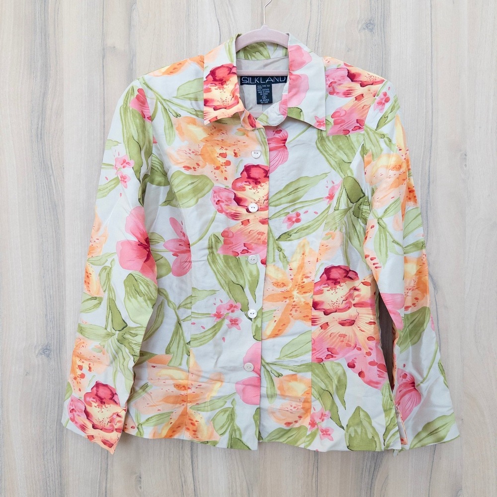 Silkland‎ Womens Silk Button Down Shirt Size 4 Multicolor Floral Regency Cottage